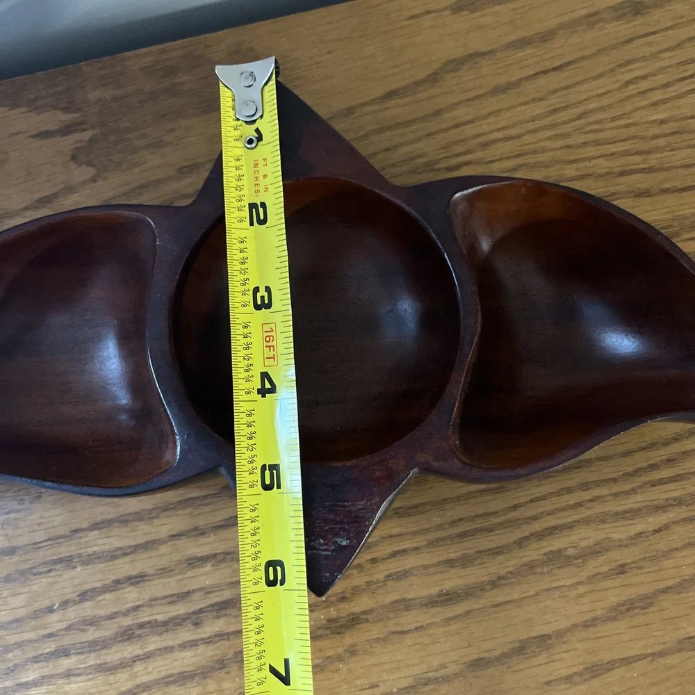 Vintage Solid Wood Bowl Divided Nut Dish Coin Tray Geometric MCM‎ Rare Shape